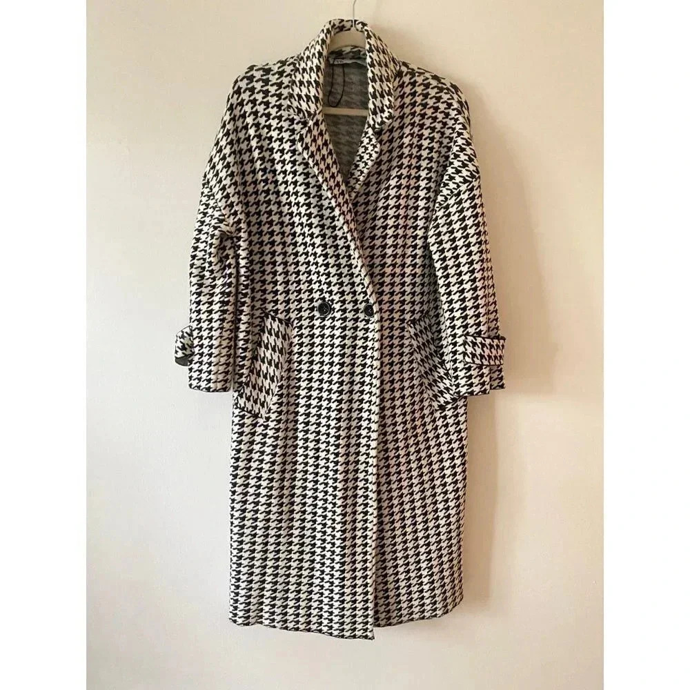 ZARA Houndstooth Coat Women’s Small Long Viscose Blend - Picture 4 of 9